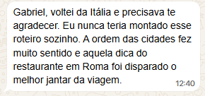 Mensagem real de cliente no WhatsApp sobre o planejamento de viagem 2