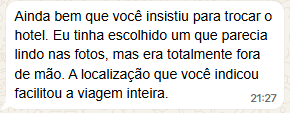 Mensagem real de cliente no WhatsApp sobre o planejamento de viagem 3